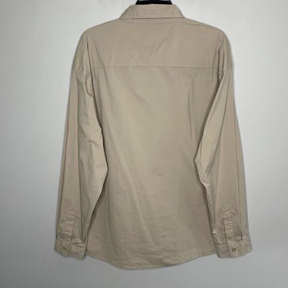 FOREVER 21 Shirt Mens Large L Khaki Tan Button-Up Graphic Design Harmony Balance - Picture 5 of 9
